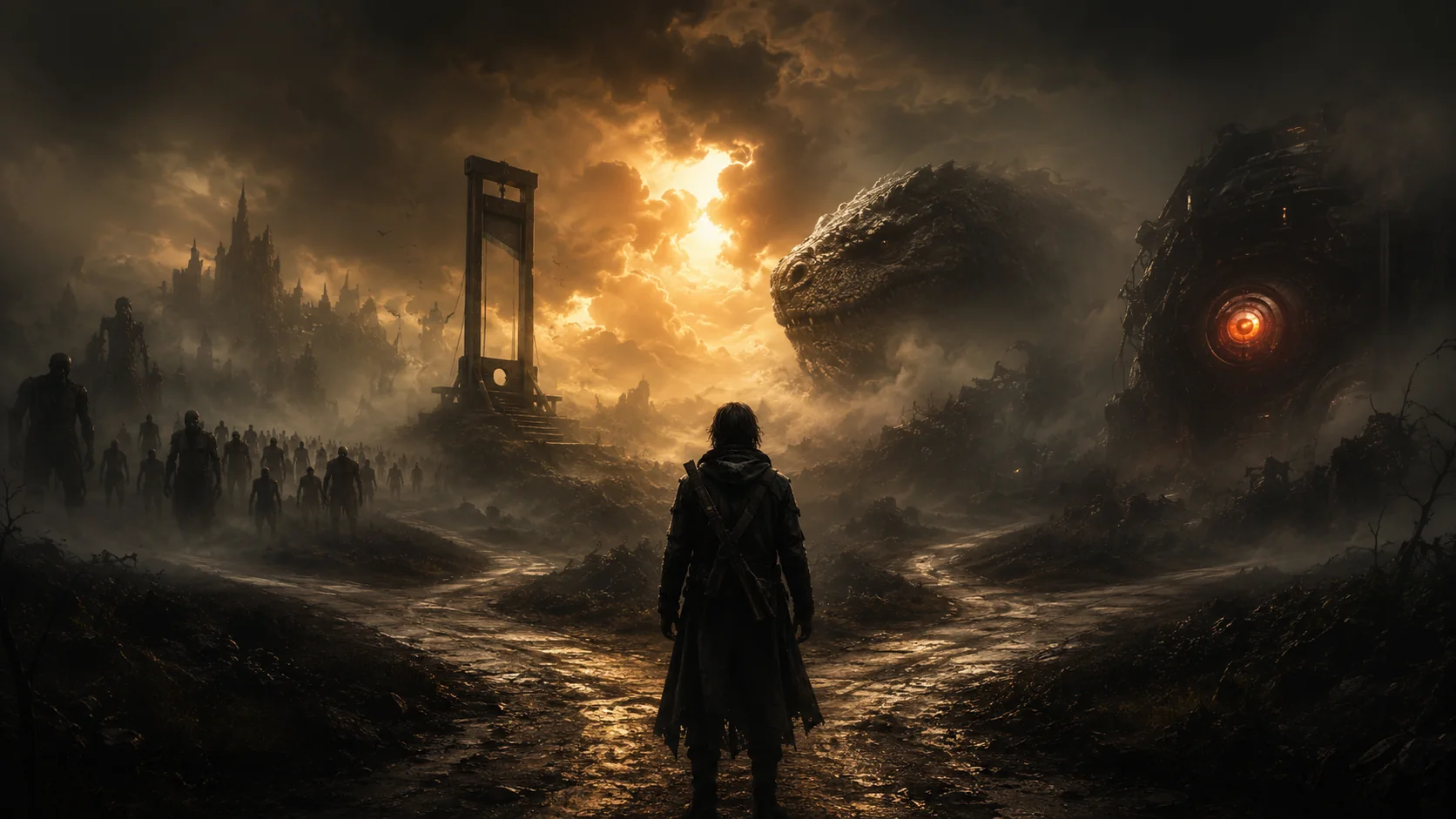 A lone survivor at a crossroads, facing a horde of the dead, a guillotine, a towering dinosaur and a red-eyed machine under a burning sky.